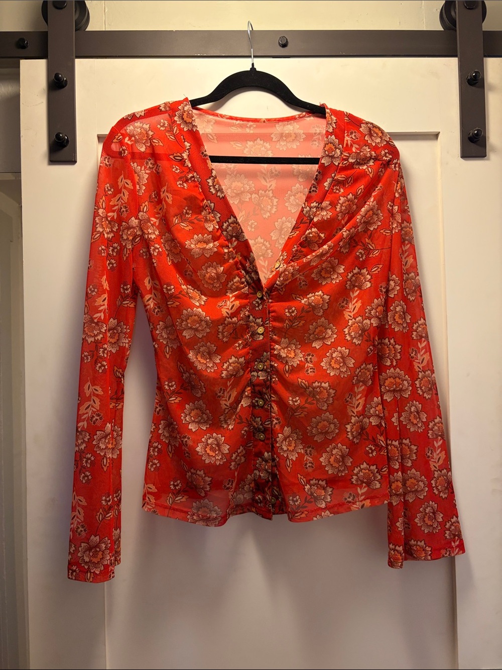 Floral Ruched V-Neck Long Sleeve Top - Red, sheer